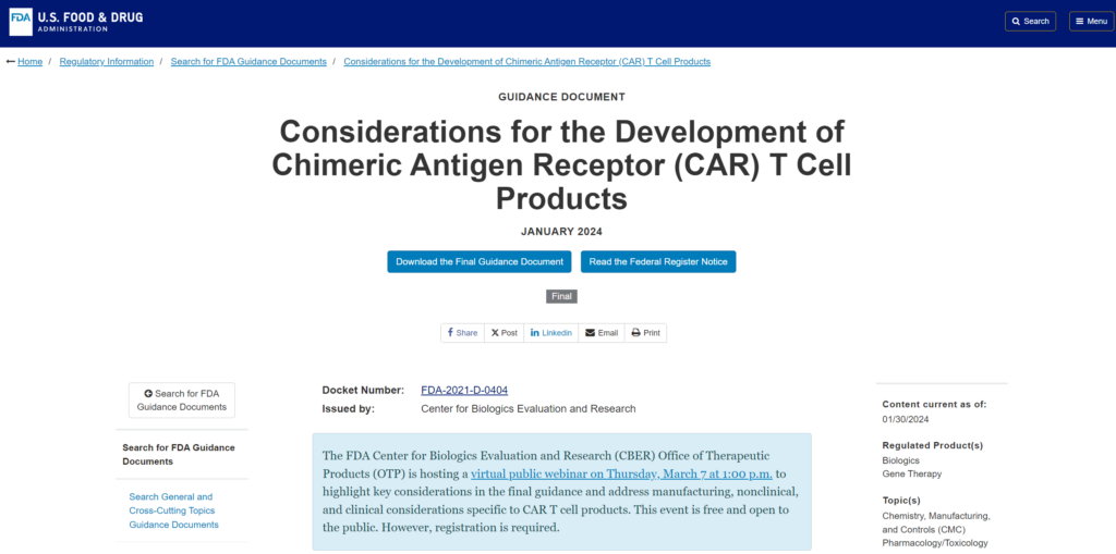 Considerations for the Development of Chimeric Antigen Receptor (CAR) T Cell Products