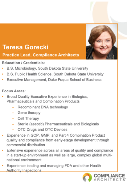 Teresa Gorecki's Executive GxP training, Session 1:  Differentiating Between Responsibilities and Accountabilities for Biopharmaceutical Companies with Outsourced Operations.