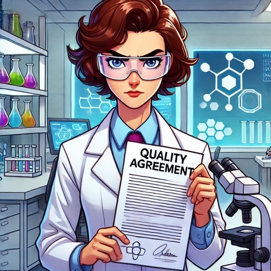 white woman in white lab coat holding a quality agreement for CDMO partnerships